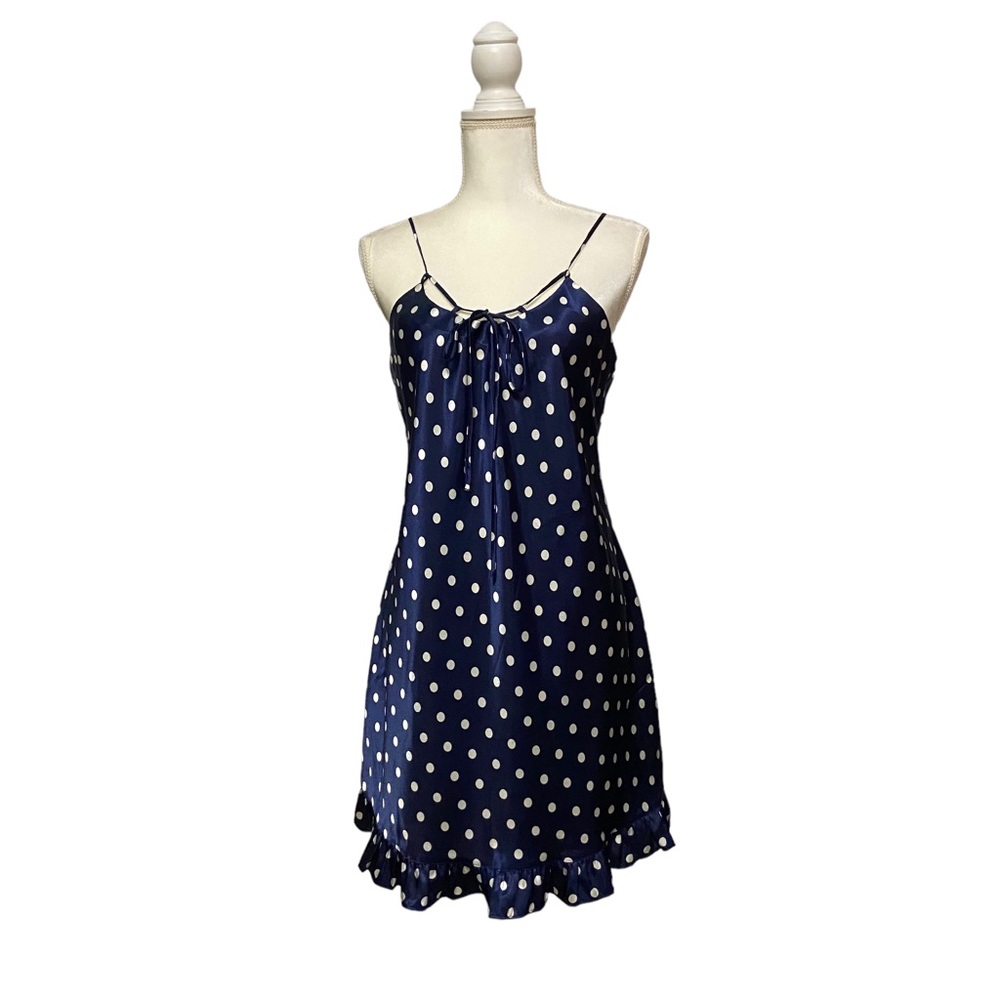 Vintage Inner Most Polka Dot Satin Slip Dress Navy Blue Gown Fairy Dainty 90s